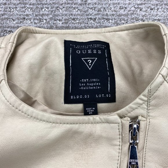 Guess Moto Jacket Women Extra Small XS Tan Full Zip Casual Biker 100% Polyester - Picture 3 of 16